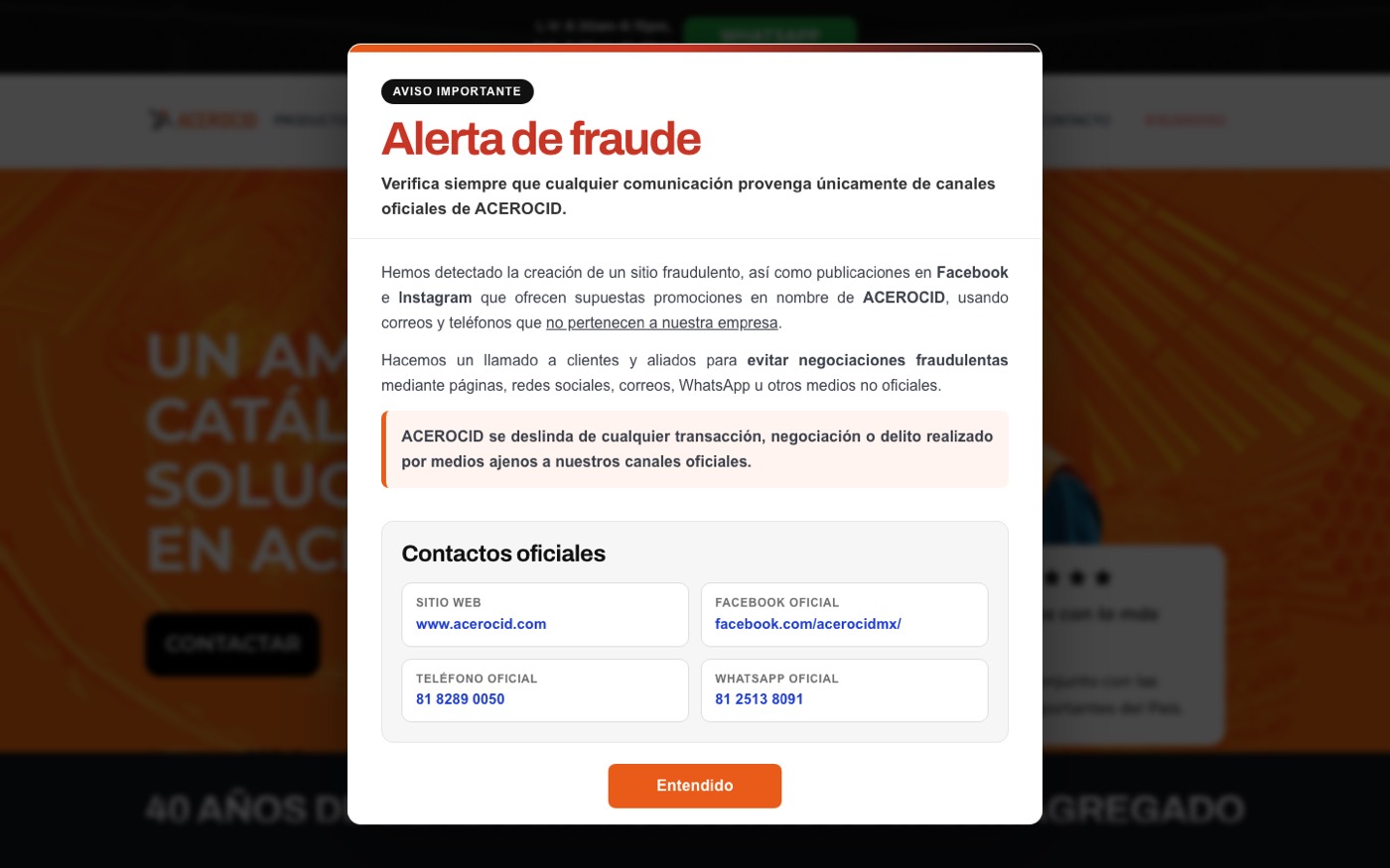 Captura del sitio de Acerocid